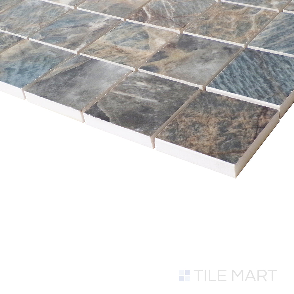 An angled perspective highlights the structured mosaic layout, showcasing the exotic Amazzonite tones and their glossy surface.