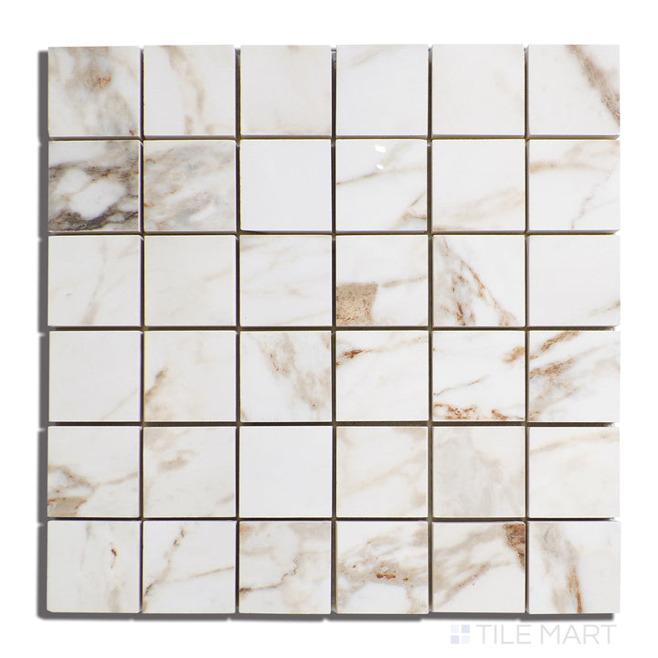 Top-view of Exotic Stone Cosmopolitan Arabescato 2" Square Polished Porcelain Mosaic, offering classic marble-inspired veining in a refined polished mosaic format.