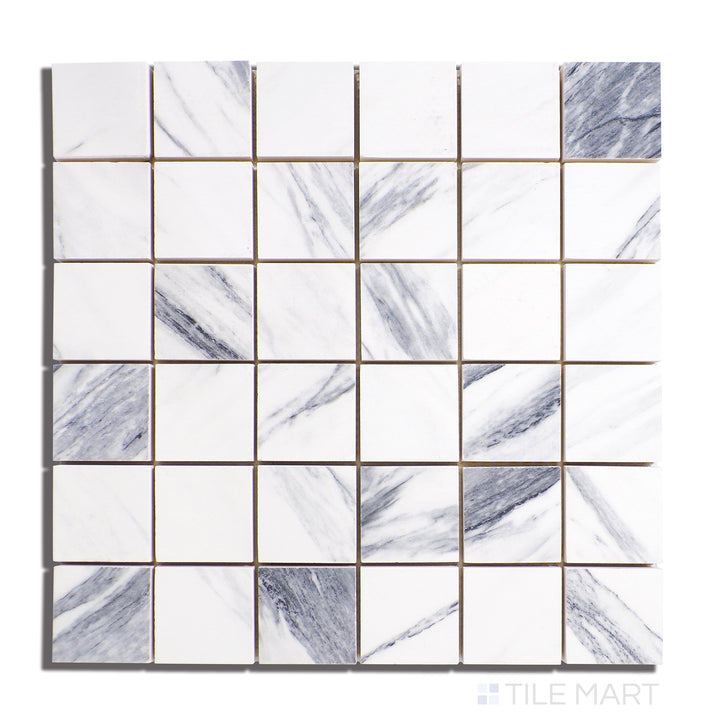 Aerial view of Exotic Stone Cosmopolitan Statuario Fantastico 2" Square Polished Porcelain Mosaic, showcasing dramatic veining in a compact, polished mosaic layout.
