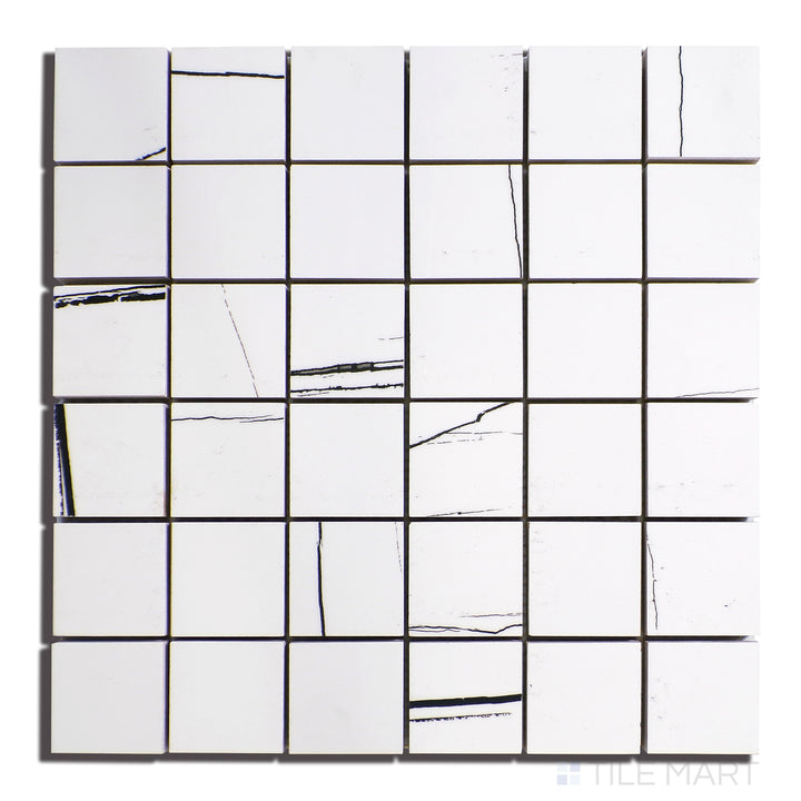 Top-down perspective of Exotic Stone Sahara White 2" Square Polished Porcelain Mosaic, featuring a soft white tone with delicate stone-inspired details.