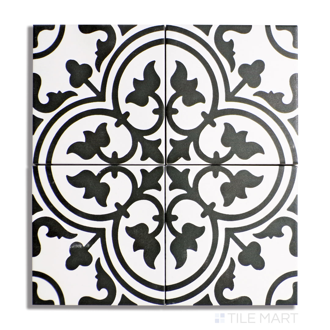 Overhead image of Frame 15 Clover B&W 6X6 Matte Porcelain, displaying a bold black-and-white geometric pattern on a smooth matte finish.