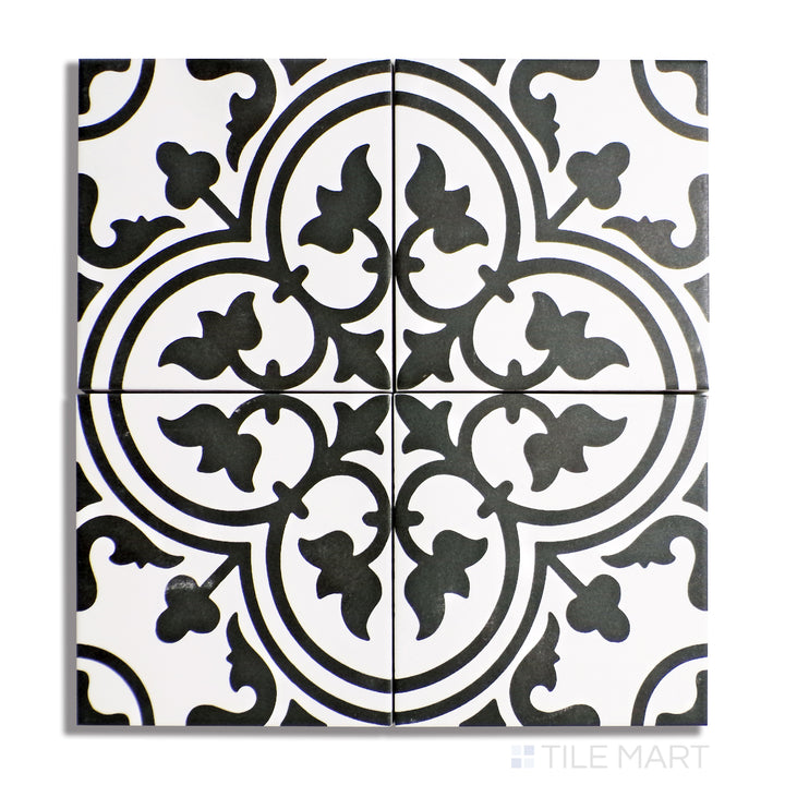 Overhead image of Frame 15 Clover B&W 6X6 Matte Porcelain, displaying a bold black-and-white geometric pattern on a smooth matte finish.