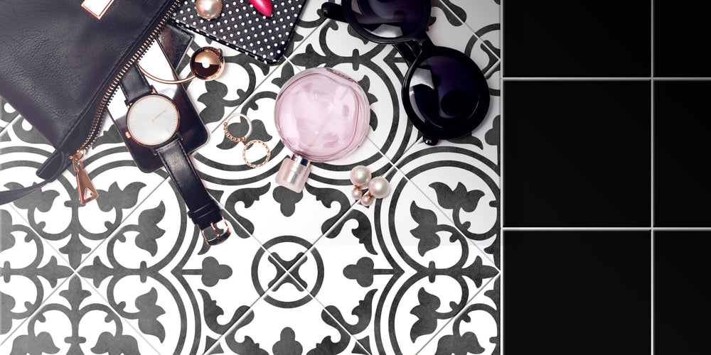 A vibrant lifestyle scene featuring Frame 15 Clover B&W matte porcelain, infusing geometric elegance with a bold monochrome aesthetic.