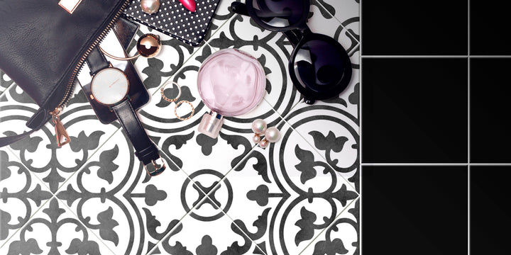 A vibrant lifestyle scene featuring Frame 15 Clover B&W matte porcelain, infusing geometric elegance with a bold monochrome aesthetic.