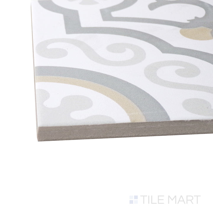 Captured from a corner angle, the Frame 15 Kali Chic 6x6 matte porcelain tile showcases its intricate design and soft matte surface, adding a stylish and artistic touch to any space.