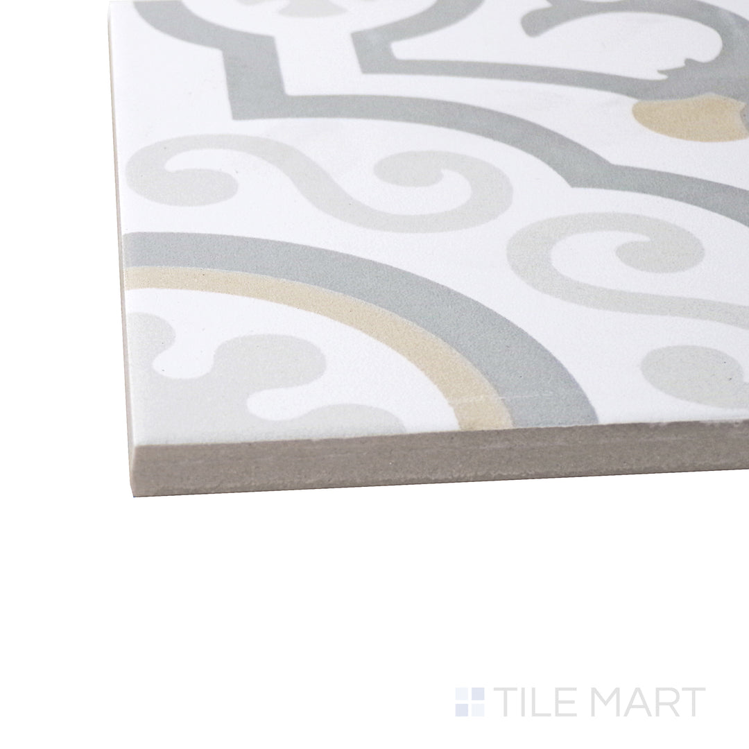 Captured from a corner angle, the Frame 15 Kali Chic 6x6 matte porcelain tile showcases its intricate design and soft matte surface, adding a stylish and artistic touch to any space.