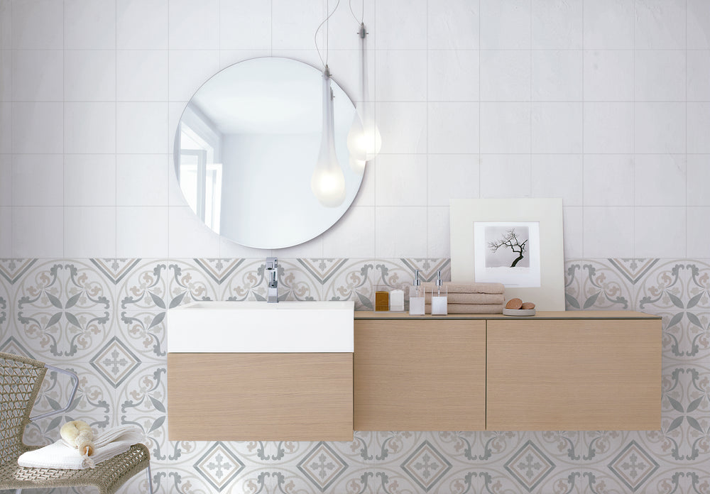 A stylish setting showcasing Frame 15 Providence matte porcelain, delivering timeless charm with vintage-inspired patterns.