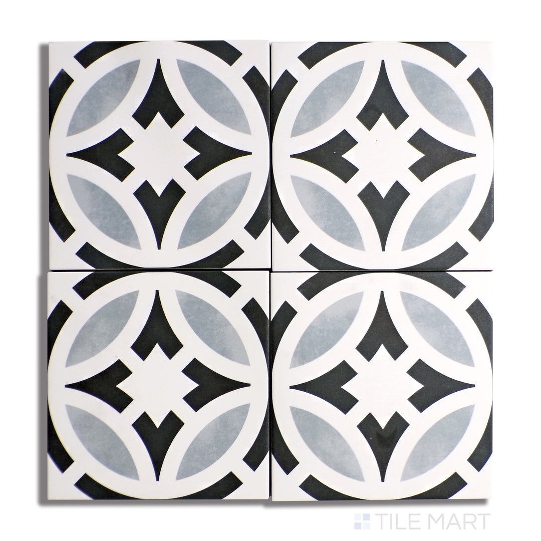 Overhead shot of Frame 15 Star B&W 6X6 Matte Porcelain, showcasing a bold star-shaped black and white pattern with a modern matte surface.