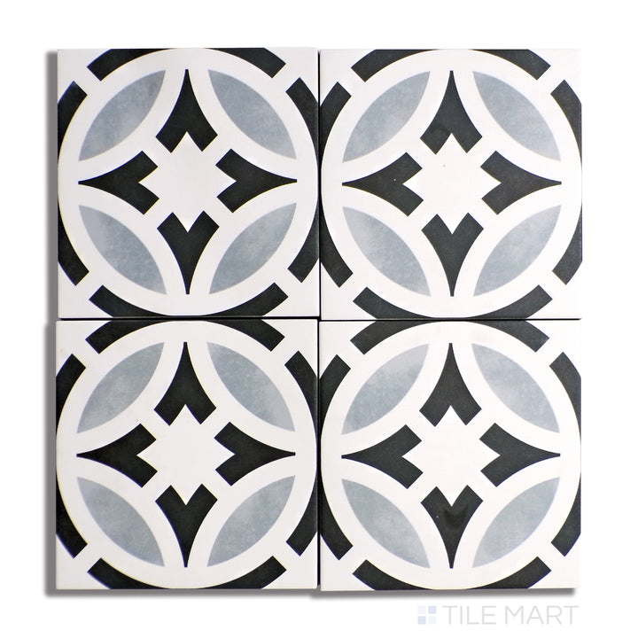 Overhead shot of Frame 15 Star B&W 6X6 Matte Porcelain, showcasing a bold star-shaped black and white pattern with a modern matte surface.