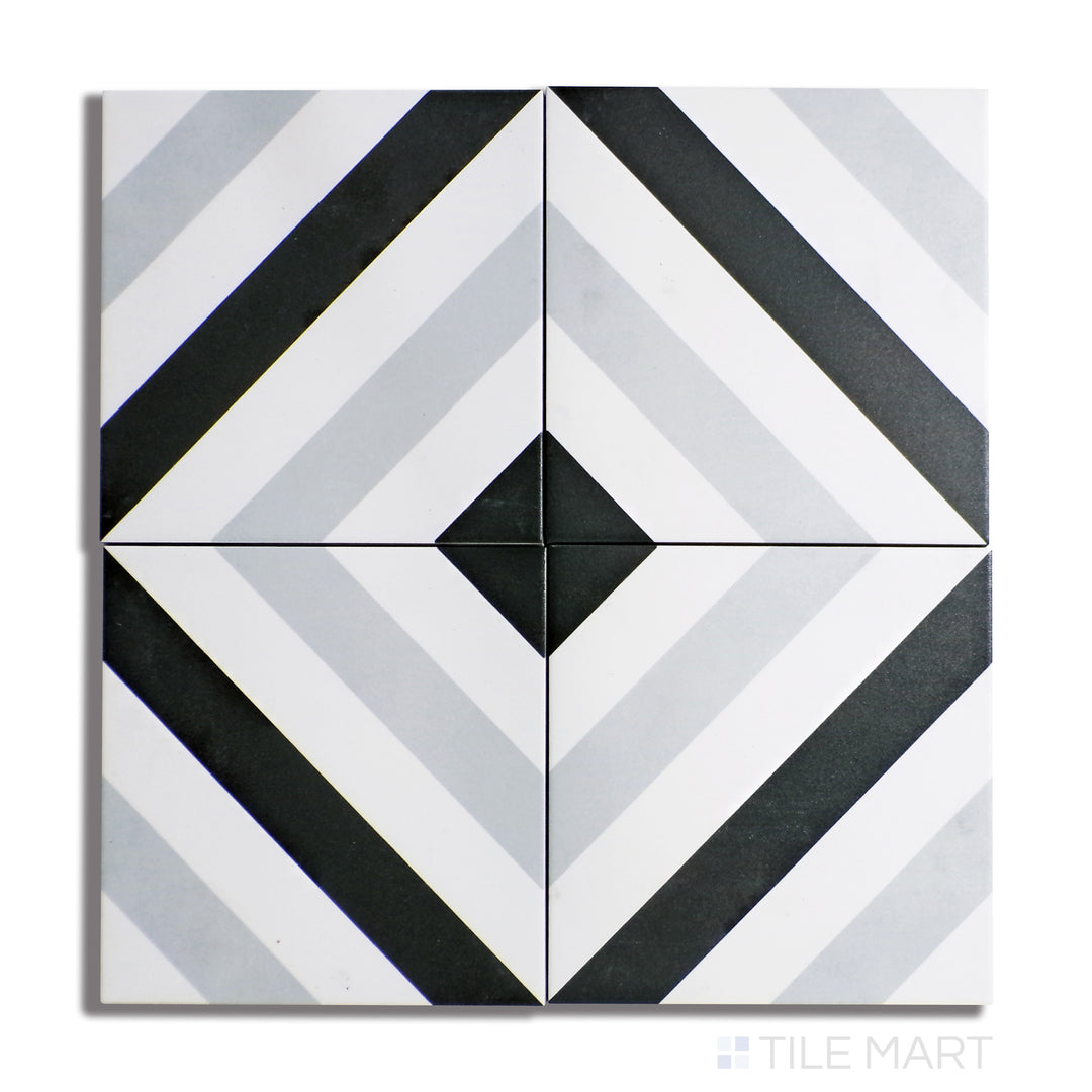 Flat lay of Frame 15 Stripes B&W 6X6 Matte Porcelain, highlighting an eye-catching striped pattern in monochrome shades with a matte glaze.