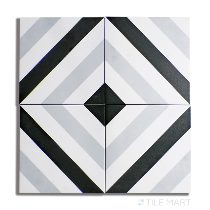 Flat lay of Frame 15 Stripes B&W 6X6 Matte Porcelain, highlighting an eye-catching striped pattern in monochrome shades with a matte glaze.
