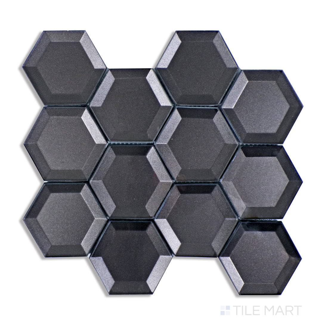 Overhead image of Bold Glass Black 3" Hexagon Glossy Mosaic, featuring a striking black hexagonal tile with a brilliant glossy glaze.