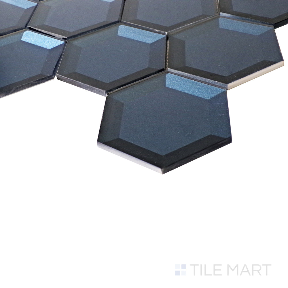 From a sleek side perspective, the vibrant blue hexagons shimmer under the light, enhancing the glassy surface.