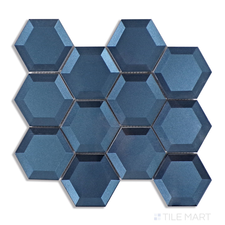 Aerial view of Bold Glass Blue 3" Hexagon Glossy Mosaic, presenting vibrant blue hues with a glossy, reflective surface in a hexagonal pattern.