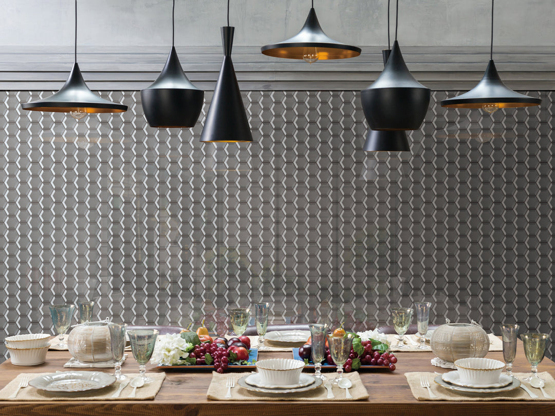 A modern lifestyle setting featuring Bold Glass Dark Grey hexagon glossy mosaic, creating a refined contrast with its sleek finish.