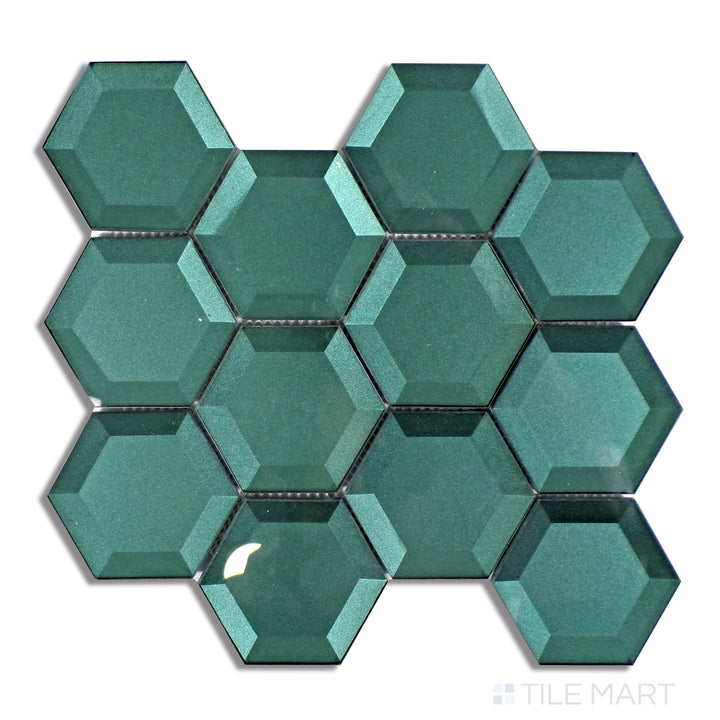 Aerial shot of Bold Glass Green 3" Hexagon Glossy Mosaic, showcasing a rich green color with a luminous glossy sheen in a geometric hexagon shape.