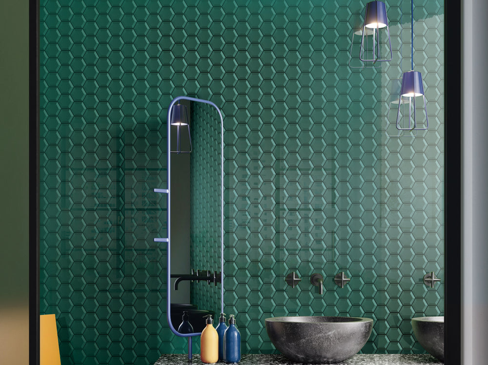 A fresh and vibrant atmosphere highlighted by Bold Glass Green hexagon glossy mosaic, introducing a lively pop of color.