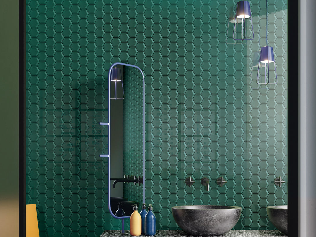 A fresh and vibrant atmosphere highlighted by Bold Glass Green hexagon glossy mosaic, introducing a lively pop of color.