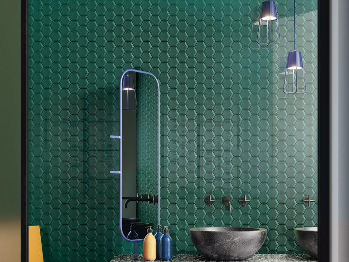 A fresh and vibrant atmosphere highlighted by Bold Glass Green hexagon glossy mosaic, introducing a lively pop of color.