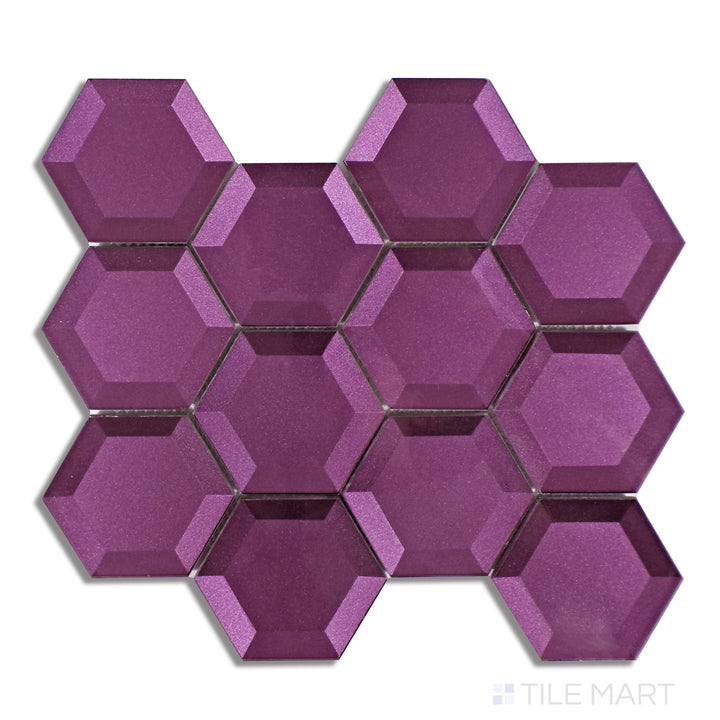 Top-down view of Bold Glass Purple 3" Hexagon Glossy Mosaic, featuring a bold purple hue with a mirror-like glossy finish in a stylish hexagon format.