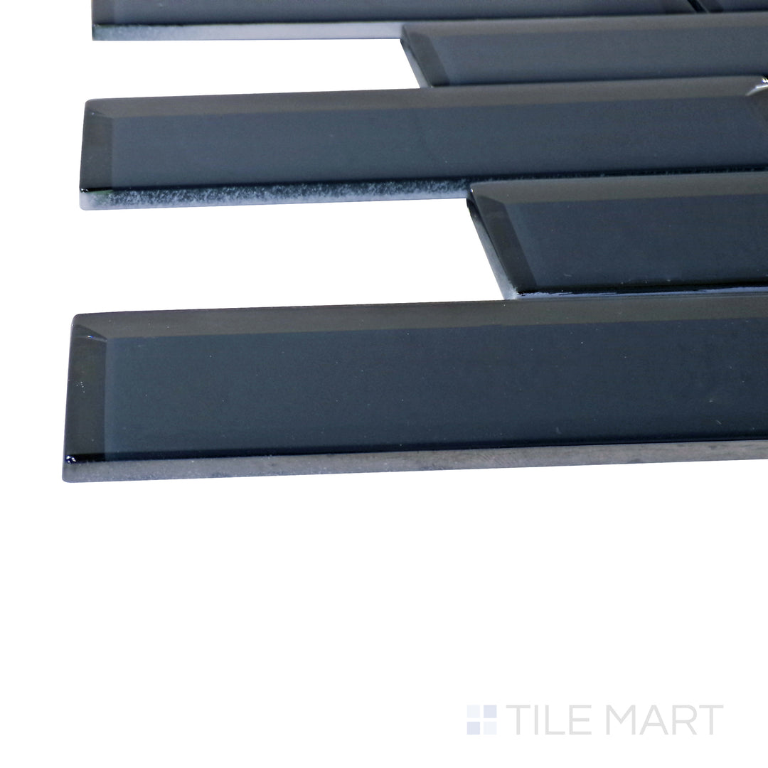 Captured from a corner angle, the Modern Glass Blue Brick glossy mosaic tile showcases its bold blue hue and polished surface, delivering a striking and contemporary visual effect.