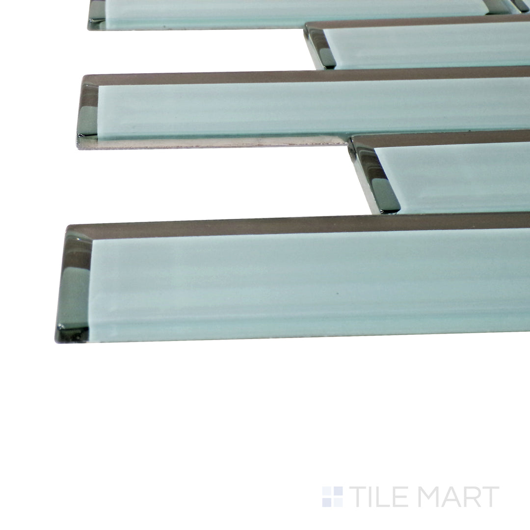 A corner shot of the Modern Glass Green Brick glossy mosaic tile highlights its vibrant green shade and structured brick layout, bringing a fresh and bold look to interiors.