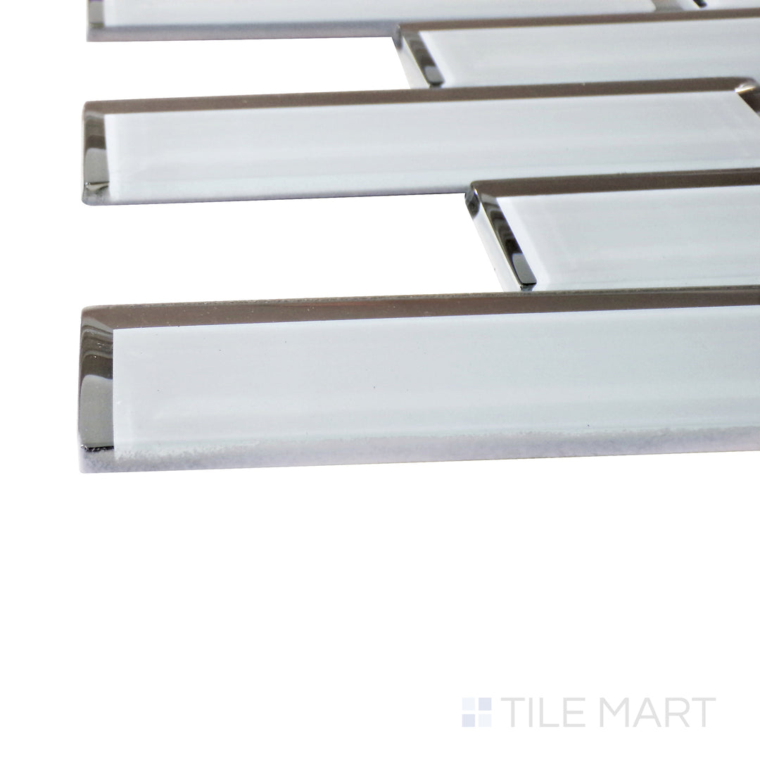 Captured from a corner angle, the Modern Glass Grey Brick glossy mosaic tile showcases its soft gray tones and glossy texture, offering a neutral yet stylish design choice.