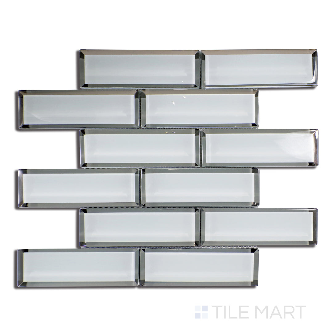 Top-down perspective of Modern Glass Grey Brick Glossy Mosaic, highlighting soft grey tones with a polished, reflective finish in a brick layout.