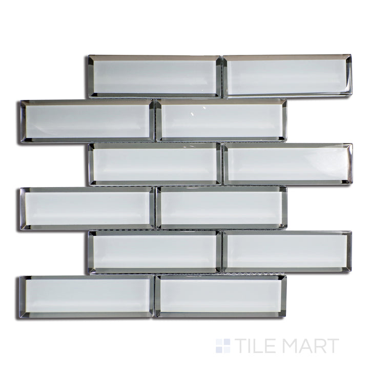Top-down perspective of Modern Glass Grey Brick Glossy Mosaic, highlighting soft grey tones with a polished, reflective finish in a brick layout.