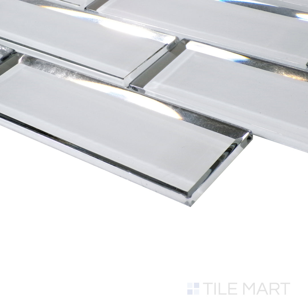 A soft reflection highlights the sleek white brick pattern, viewed from an angled perspective to showcase its glossy finish.