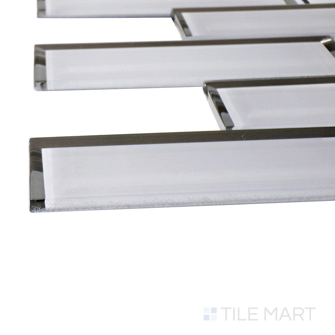 A corner perspective of the Modern Glass White Brick glossy mosaic tile emphasizes its crisp white hue and polished surface, adding brightness and modern elegance to tiled areas.