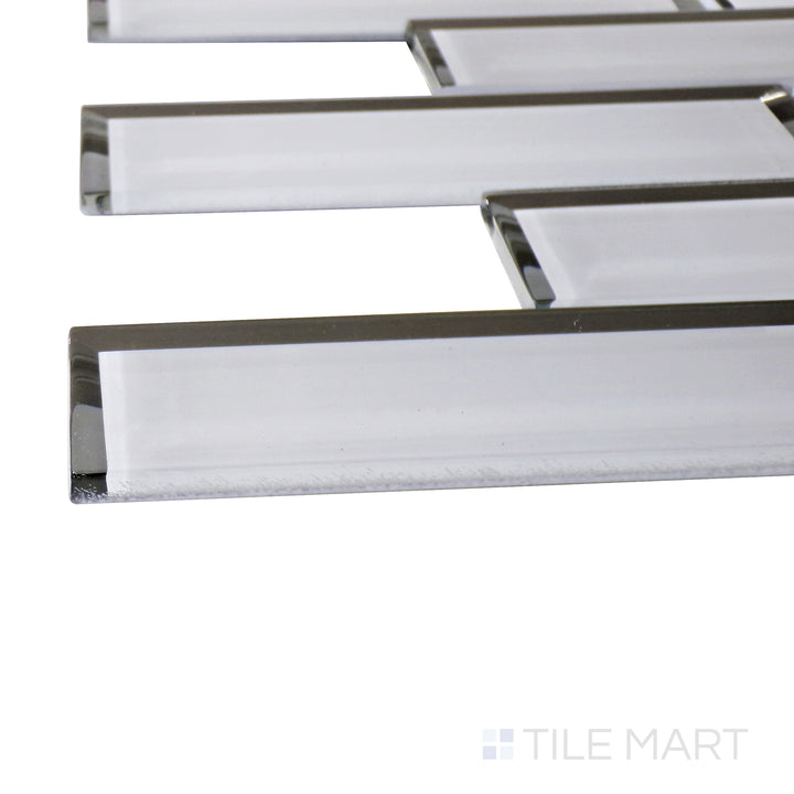 A corner perspective of the Modern Glass White Brick glossy mosaic tile emphasizes its crisp white hue and polished surface, adding brightness and modern elegance to tiled areas.