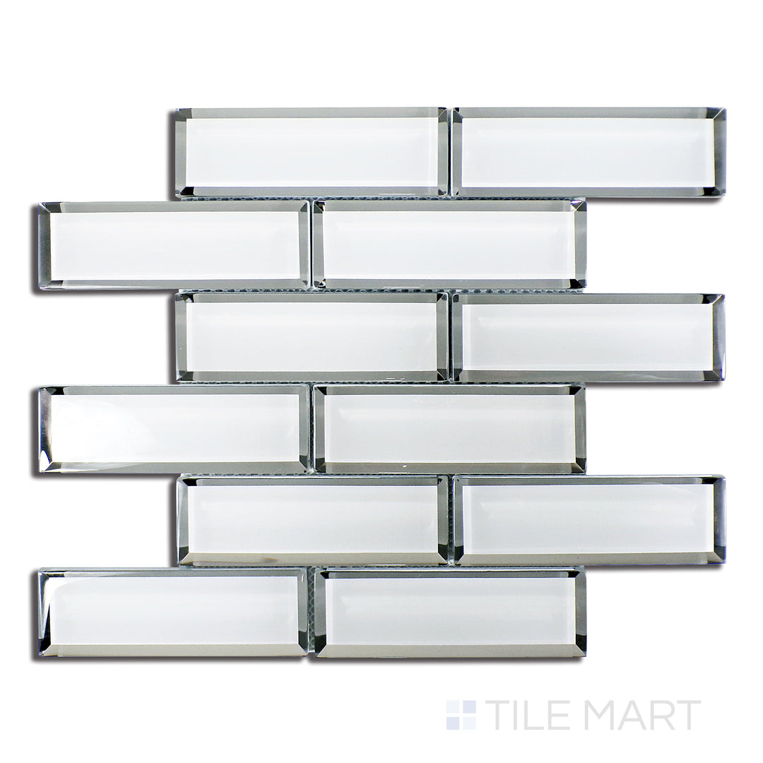 Overhead image of Modern Glass White Brick Glossy Mosaic, featuring a bright white surface with a luxurious glossy sheen in a structured brick pattern.