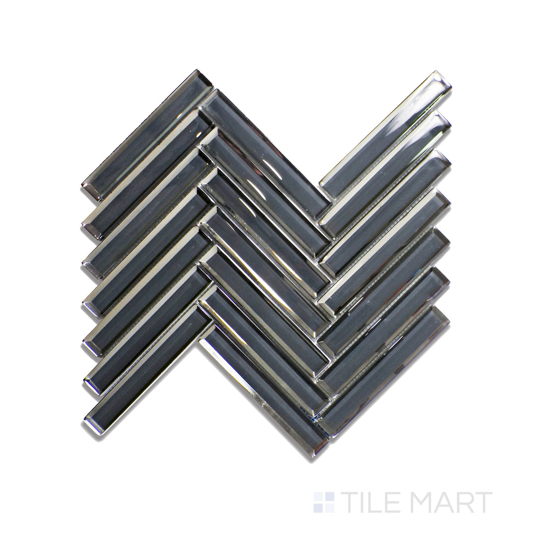 Aerial shot of Modern Glass Dark Grey Herringbone Glossy Mosaic, showcasing deep charcoal tones with a luminous glossy surface in an elegant herringbone format.