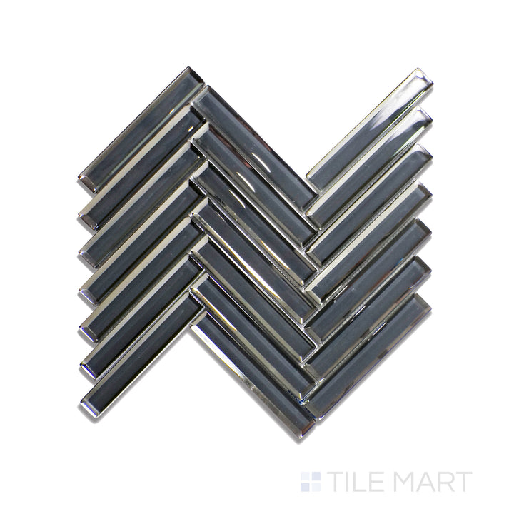 Aerial shot of Modern Glass Dark Grey Herringbone Glossy Mosaic, showcasing deep charcoal tones with a luminous glossy surface in an elegant herringbone format.