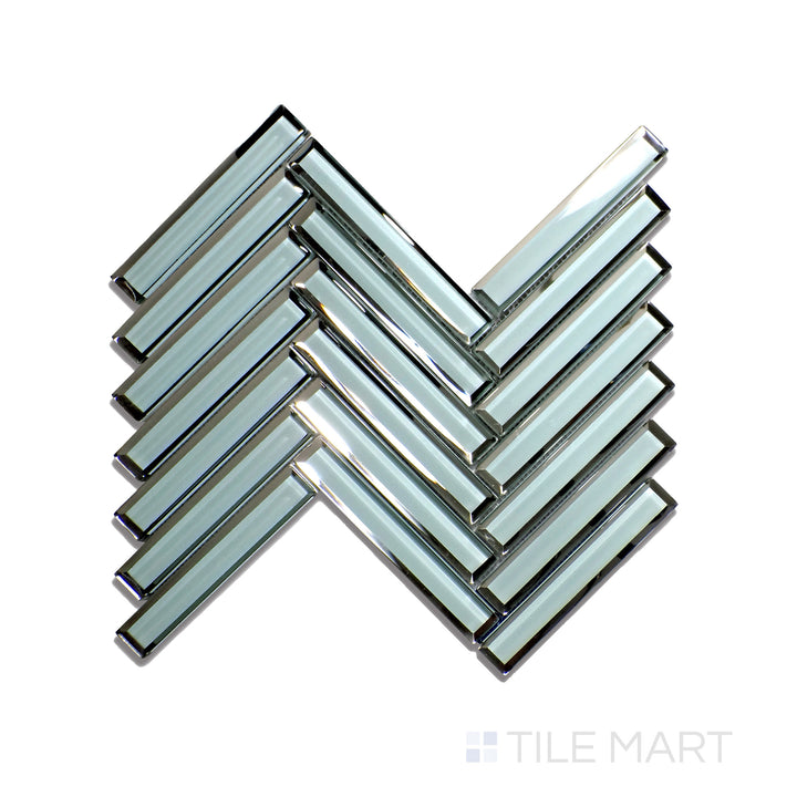 Flat lay of Modern Glass Green Herringbone Glossy Mosaic, highlighting a fresh green color with a glossy porcelain finish in a herringbone structure.