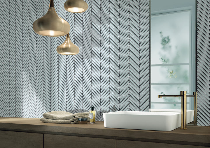 A refreshing lifestyle scene featuring Modern Glass Green Herringbone glossy mosaic, blending organic tones with modern structure.