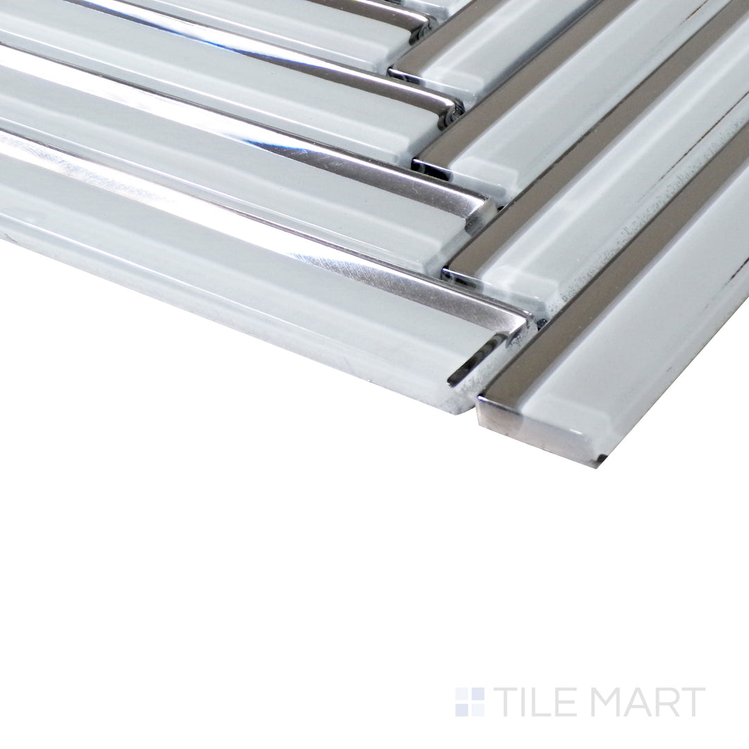 A vibrant green herringbone mosaic reflects light beautifully, with a side-angle shot emphasizing its sleek glass surface.