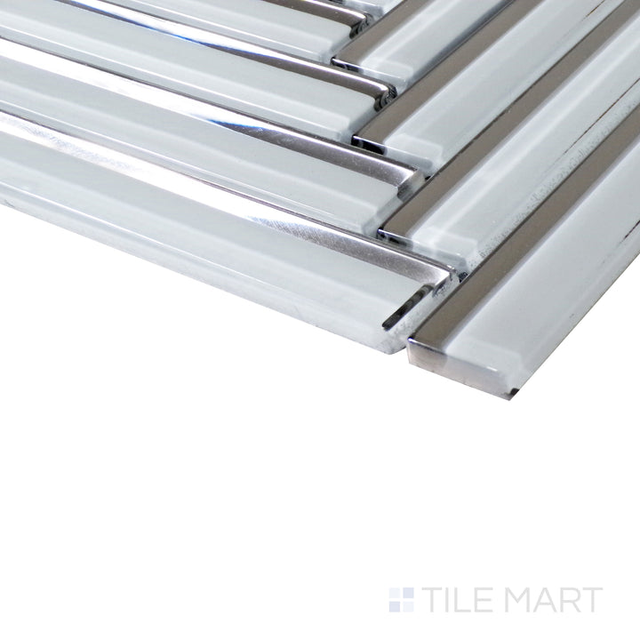 A vibrant green herringbone mosaic reflects light beautifully, with a side-angle shot emphasizing its sleek glass surface.