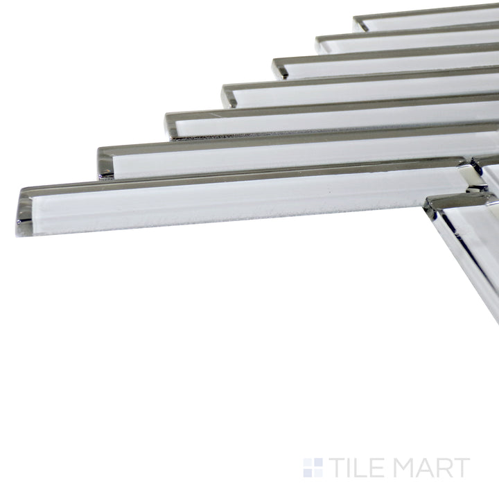 A corner perspective of the Modern Glass White Herringbone glossy mosaic tile emphasizes its clean white shade and geometric pattern, offering a fresh and contemporary feel.