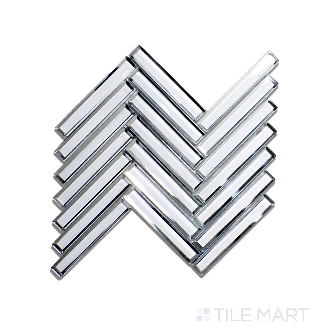 Top-down perspective of Modern Glass White Herringbone Glossy Mosaic, presenting a crisp white color with a high-gloss sheen in a stylish herringbone formation.