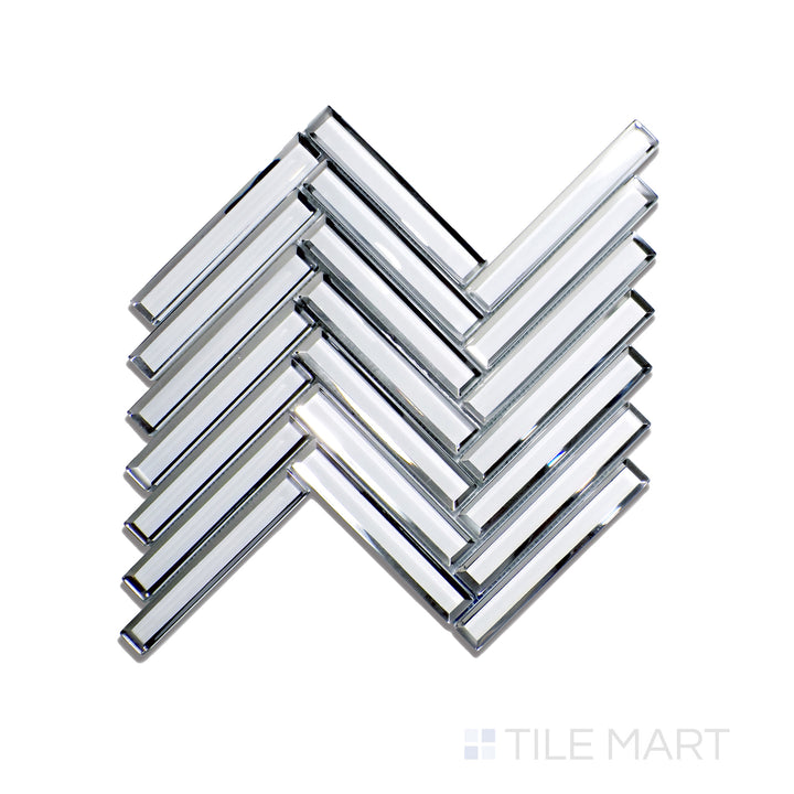 Top-down perspective of Modern Glass White Herringbone Glossy Mosaic, presenting a crisp white color with a high-gloss sheen in a stylish herringbone formation.