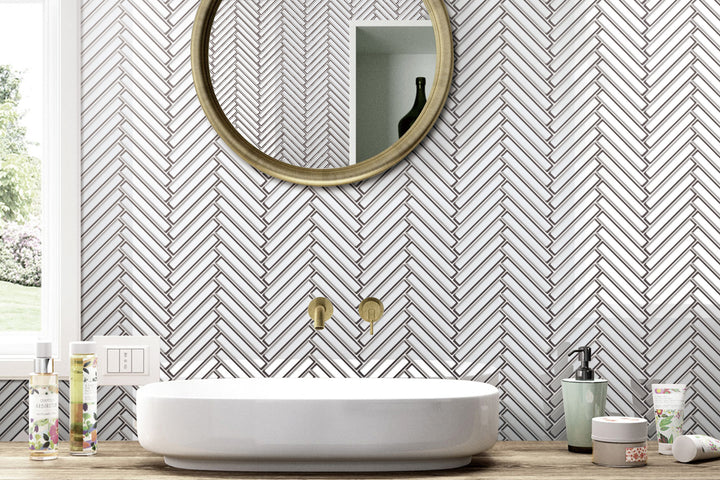 A bright, open space infused with Modern Glass White Herringbone glossy mosaic, exuding a clean and contemporary elegance.