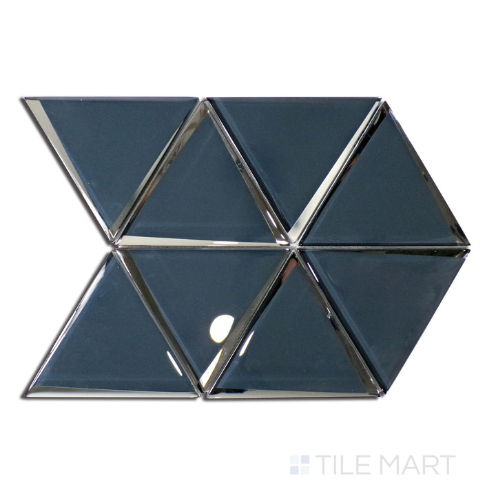 Overhead image of Modern Glass Blue 6" Triangle Glossy Mosaic, featuring a rich blue hue with a reflective glossy finish in a structured triangle pattern.