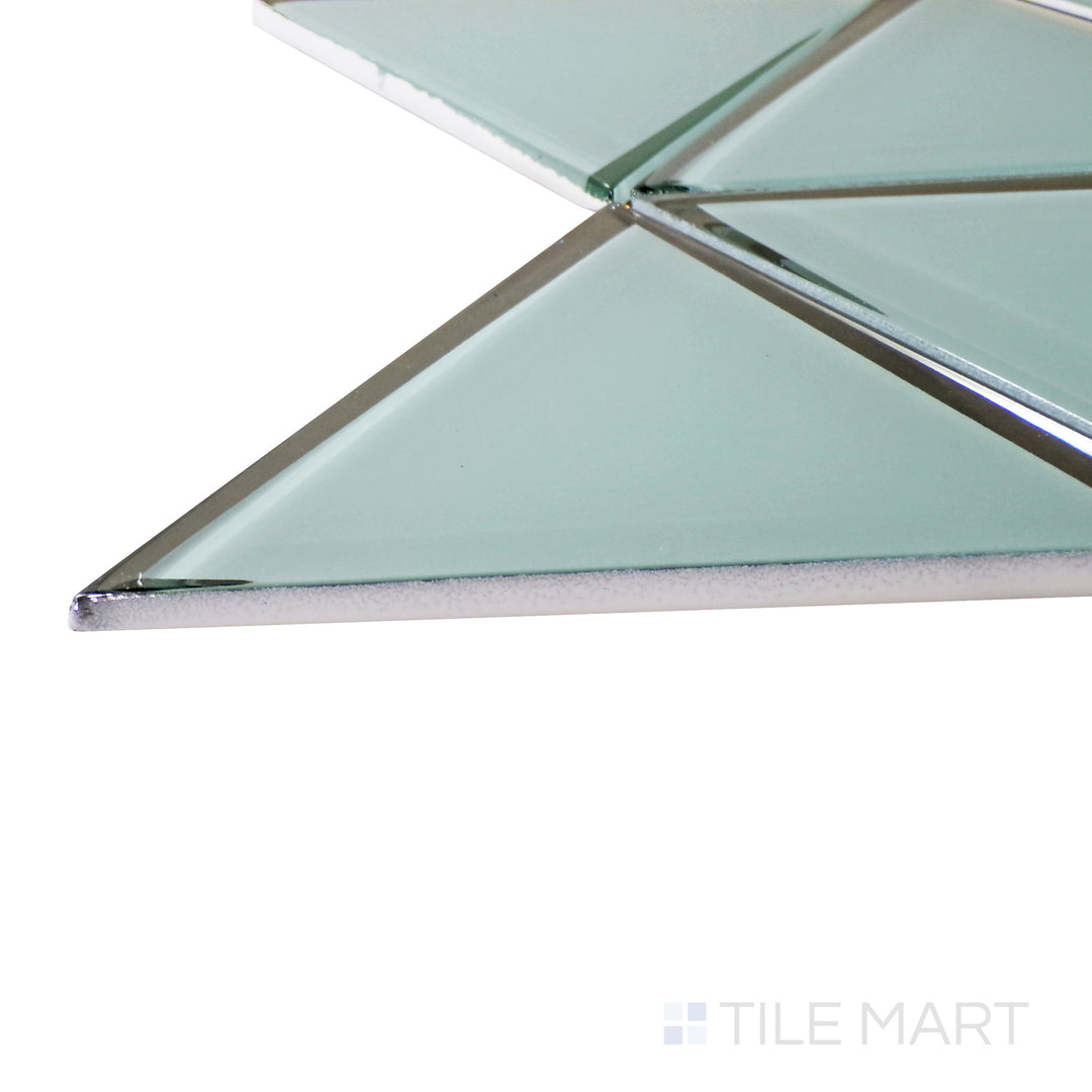 A corner shot of the Modern Glass Green 6" Triangle glossy mosaic tile highlights its bold green shade and sleek triangle pattern, making it a standout accent for walls and backsplashes.