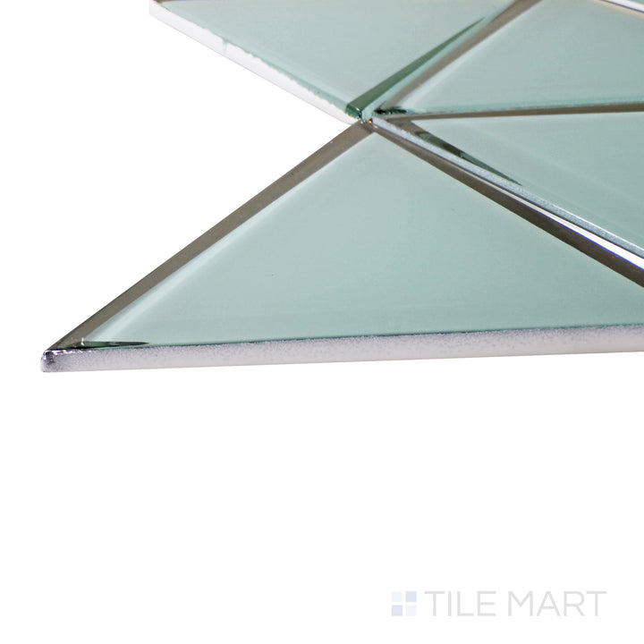 A corner shot of the Modern Glass Green 6" Triangle glossy mosaic tile highlights its bold green shade and sleek triangle pattern, making it a standout accent for walls and backsplashes.