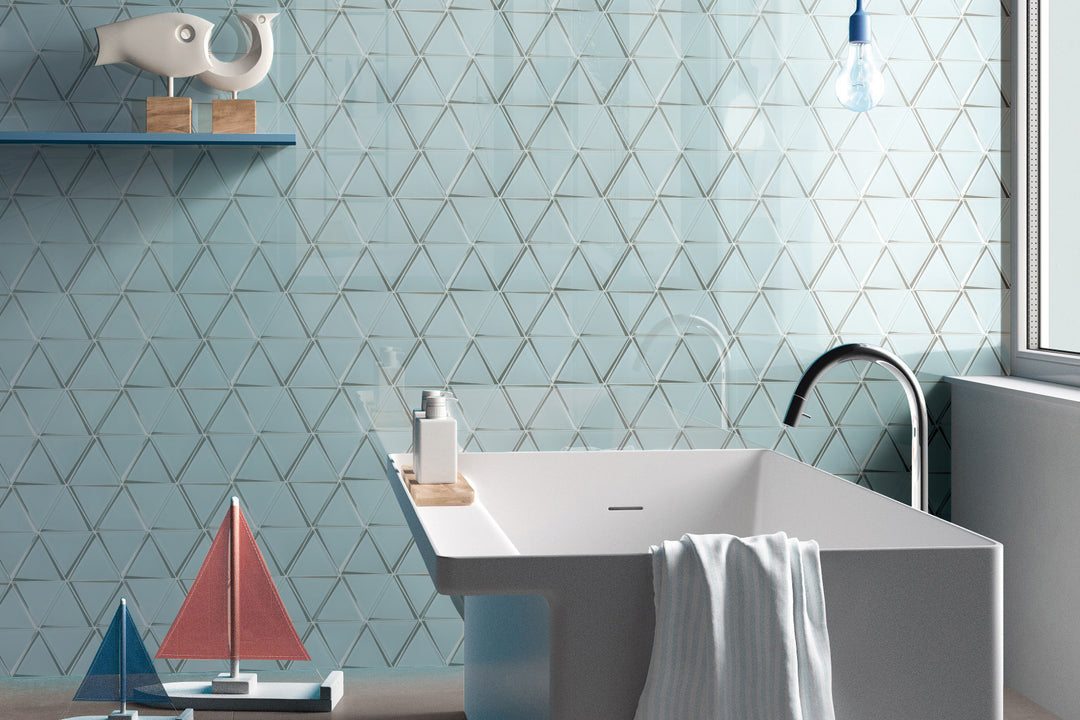 A visually captivating design showcasing Modern Glass Green Triangle glossy mosaic, adding a dynamic geometric element.