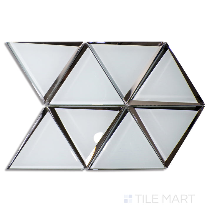 Aerial shot of Modern Glass Grey 6" Triangle Glossy Mosaic, showcasing a neutral grey tone with a smooth glossy texture in an angular triangle layout.