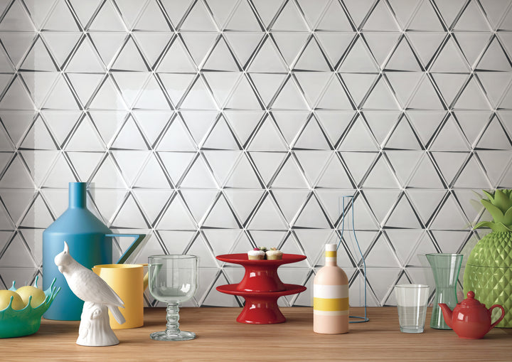 A bright, airy setting brought to life with Modern Glass White Triangle glossy mosaic, creating a refined yet striking visual impact.