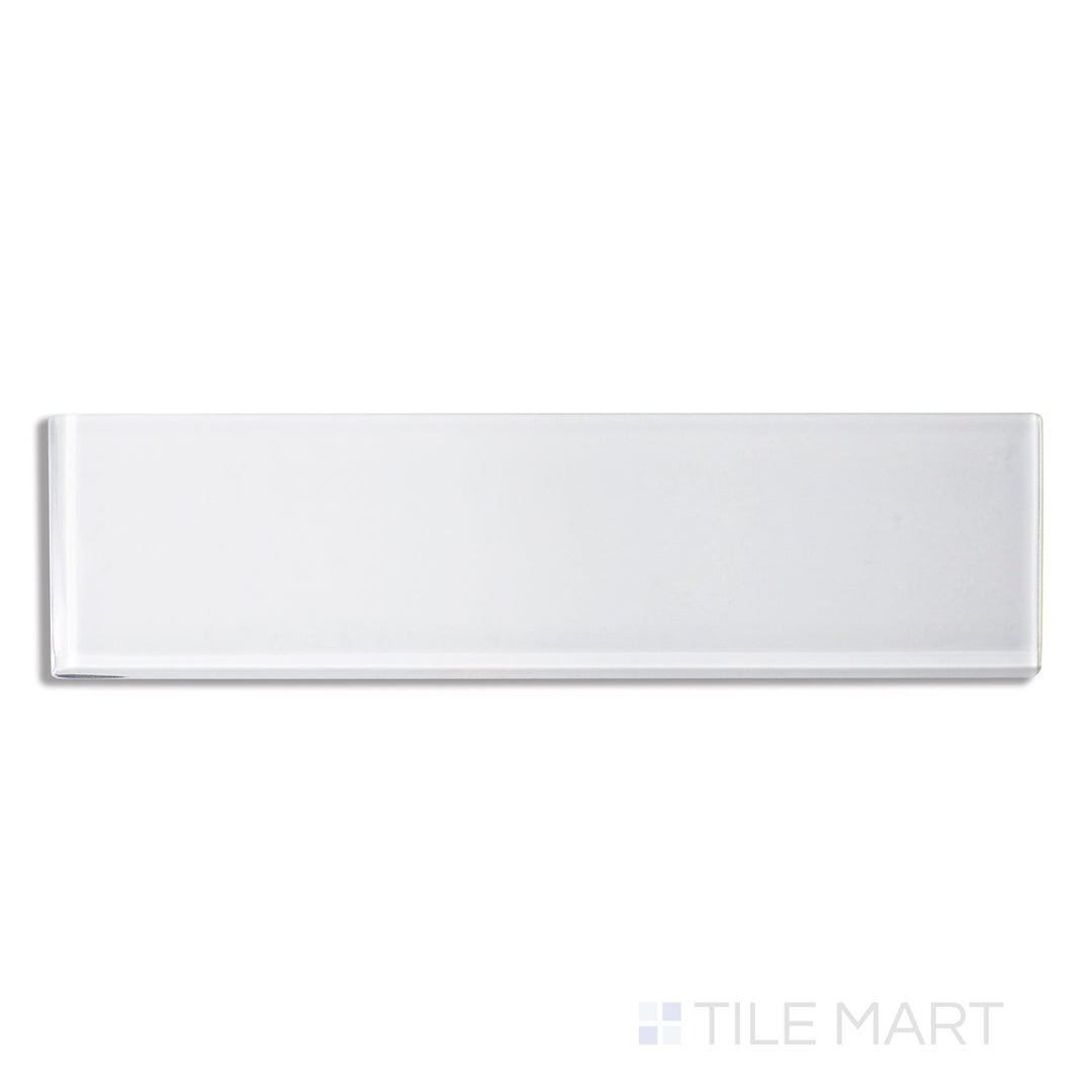 Top-down perspective of Glass Pastel White 3X12 Glossy, highlighting a crisp white surface with a smooth and reflective glossy texture.